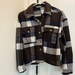 Plaid Utility Jacket - Brown, Blue, and White